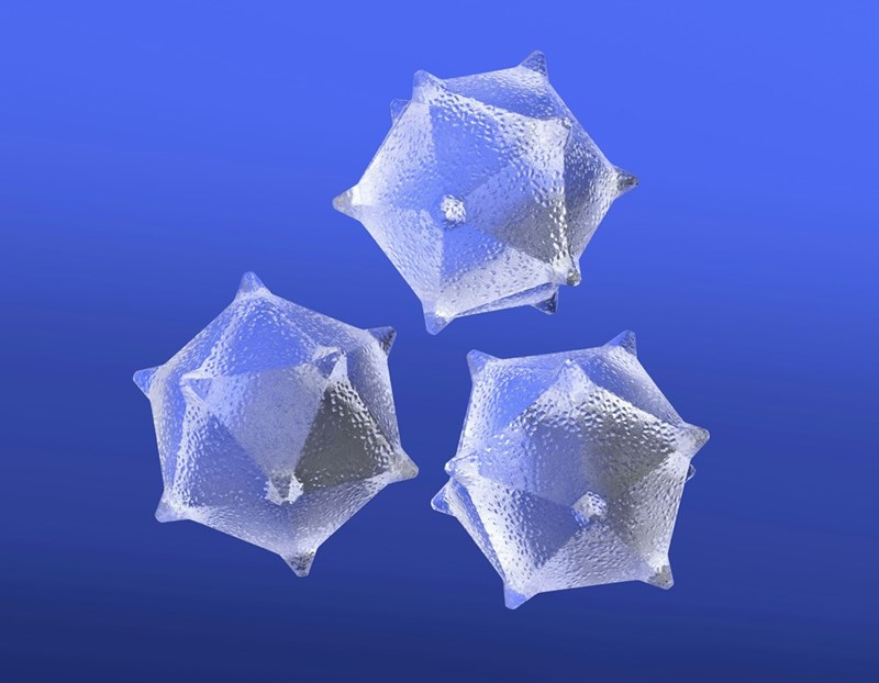Three crystalized water structures float on a blue background.