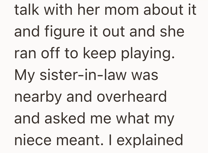 talk with her mom about it and figure it out and she ran off to keep playing. My sister-in-law was nearby and overheard and asked me what my niece meant. I explained