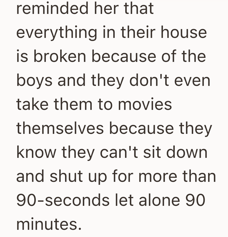 reminded her that everything in their house is broken because of the boys and they don't even take them to movies themselves because they know they can't sit down and shut up for more than 90-seconds let alone 90 minutes.