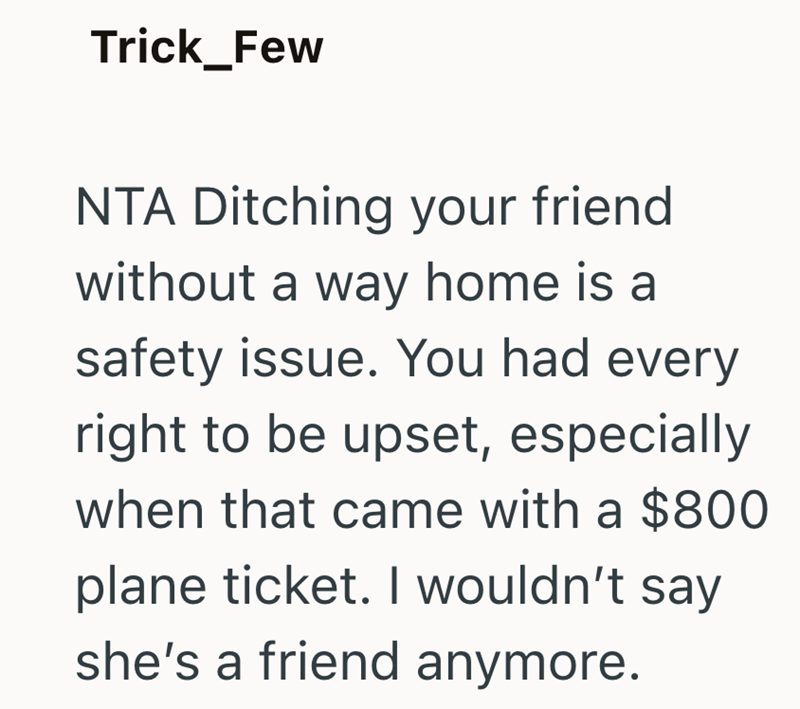 Trick_Few NTA Ditching your friend without a way home is a safety issue. You had every right to be upset, especially when that came with a $800 plane ticket. I wouldn't say she's a friend anymore.