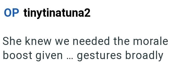 OP tinytinatuna2 She knew we needed the morale boost given... gestures broadly