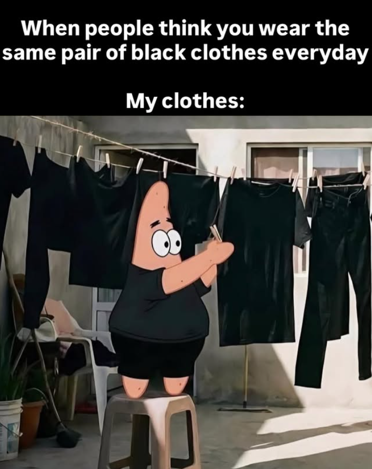 When people think you wear the same pair of black clothes everyday My clothes: -T