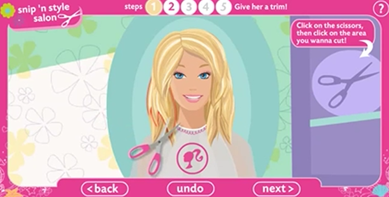 snip 'n style salon steps 1234 Give her a trim! <back undo next > Click on the scissors, then click on the area you wanna cut! ?