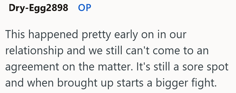 Dry-Egg2898 OP This happened pretty early on in our relationship and we still can't come to an agreement on the matter. It's still a sore spot and when brought up starts a bigger fight.
