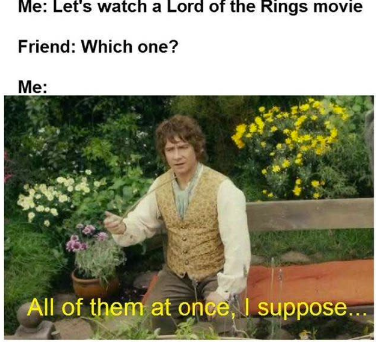 Me: Let's watch a Lord of the Rings movie Friend: Which one? Me: All of them at once, I suppose...
