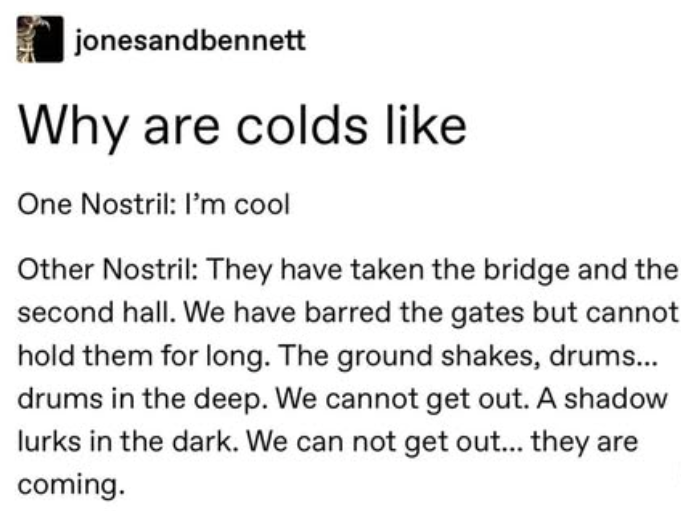 jonesandbennett Why are colds like One Nostril: I'm cool Other Nostril: They have taken the bridge and the second hall. We have barred the gates but cannot hold them for long. The ground shakes, drums... drums in the deep. We cannot get out. A shadow lurks in the dark. We can not get out... they are coming.