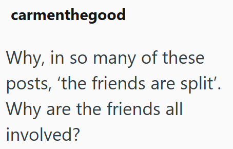 carmenthegood Why, in so many of these posts, 'the friends are split'. Why are the friends all involved?