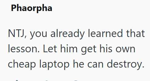 Phaorpha NTJ, you already learned that lesson. Let him get his own cheap laptop he can destroy.