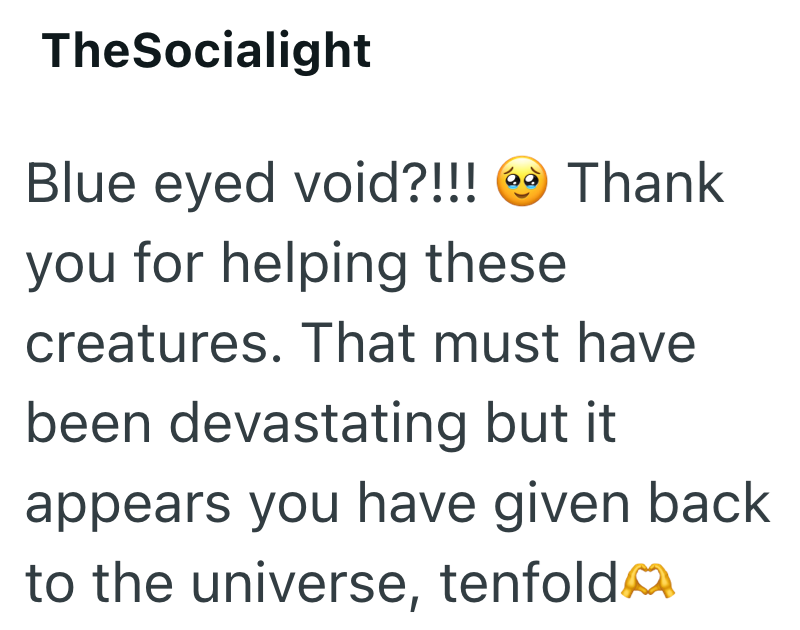TheSocialight Blue eyed void?!!! Thank you for helping these creatures. That must have been devastating but it appears you have given back to the universe, tenfold