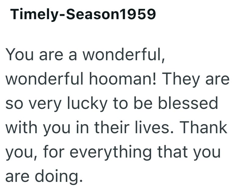 Timely-Season1959 You are a wonderful, wonderful hooman! They are so very lucky to be blessed with you in their lives. Thank you, for everything that you are doing.