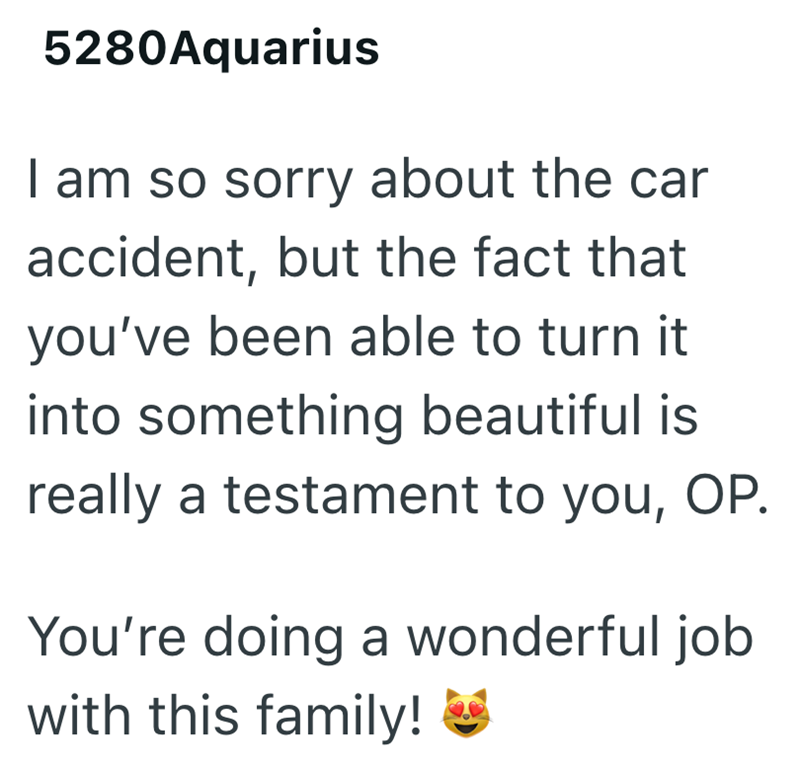 5280Aquarius I am so sorry about the car accident, but the fact that you've been able to turn it into something beautiful is really a testament to you, OP. You're doing a wonderful job with this family!
