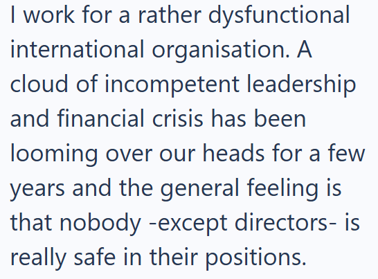dysfunctional I work for a rather international organisation. A cloud of incompetent leadership and financial crisis has been looming over our heads for a few years and the general feeling is that nobody -except directors- is really safe in their positions.