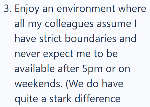 3. Enjoy an environment where all my colleagues assume I have strict boundaries and never expect me to be available after 5pm or on weekends. (We do have quite a stark difference