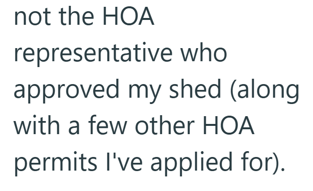 not the HOA representative who approved my shed (along with a few other HOA permits I've applied for).