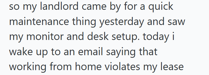 so my landlord came by for a quick maintenance thing yesterday and saw my monitor and desk setup. today i wake up to an email saying that working from home violates my lease