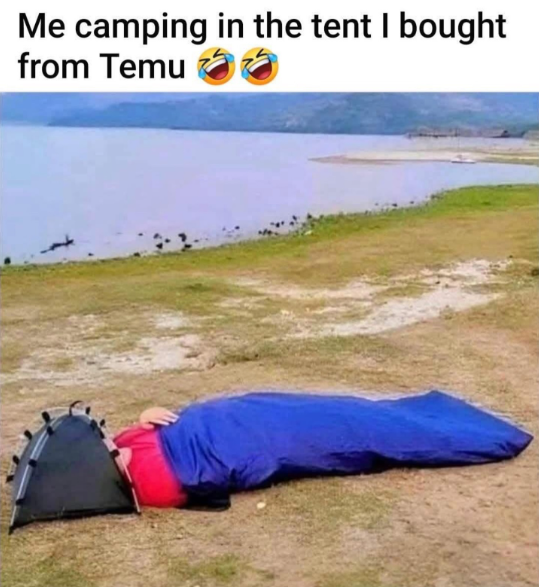 Me camping in the tent I bought from Temu