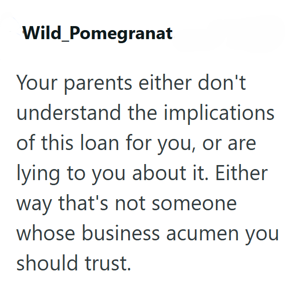 Wild Pomegranat Your parents either don't understand the implications of this loan for you, or are lying to you about it. Either way that's not someone whose business acumen you should trust.