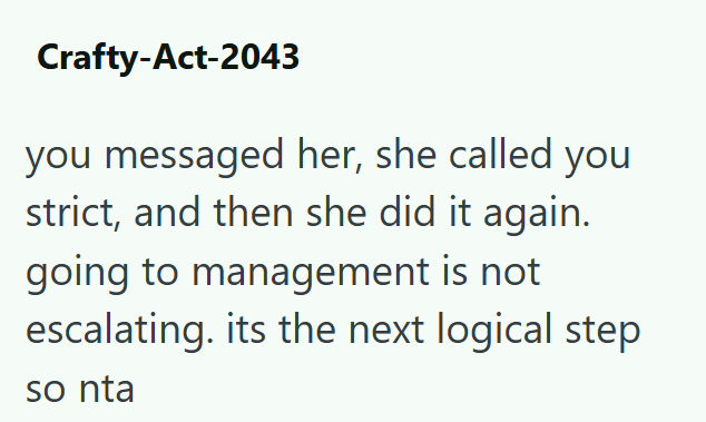 Crafty-Act-2043 you messaged her, she called you strict, and then she did it again. going to management is not escalating. its the next logical step so nta