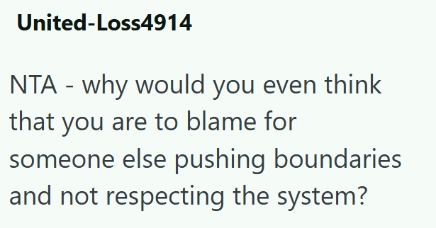 United-Loss4914 NTA - why would you even think that you are to blame for someone else pushing boundaries and not respecting the system?