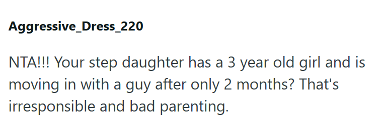 Aggressive Dress_220 NTA!!! Your step daughter has a 3 year old girl and is moving in with a guy after only 2 months? That's irresponsible and bad parenting.