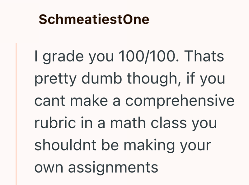 SchmeatiestOne I grade you 100/100. Thats pretty dumb though, if you cant make a comprehensive rubric in a math class you shouldnt be making your own assignments