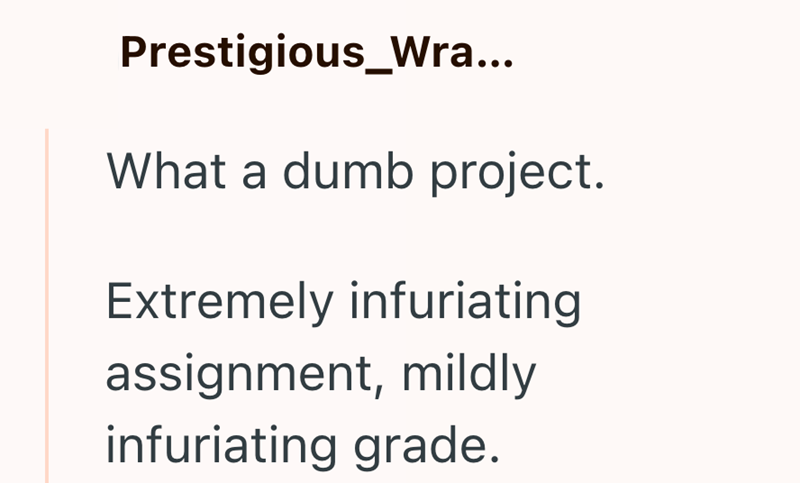 Prestigious_Wra... What a dumb project. Extremely infuriating assignment, mildly infuriating grade.