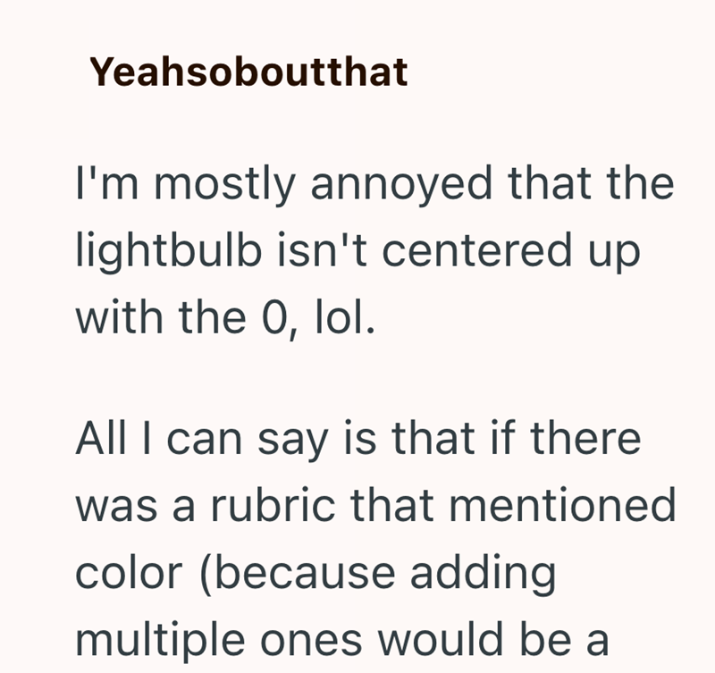 Yeahsoboutthat I'm mostly annoyed that the lightbulb isn't centered up. with the 0, lol. All I can say is that if there was a rubric that mentioned color (because adding multiple ones would be a