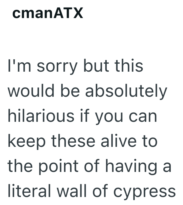 cmanATX I'm sorry but this would be absolutely hilarious if you can keep these alive to the point of having a literal wall of cypress