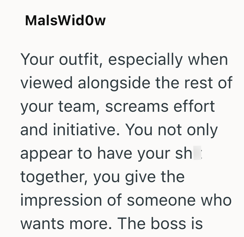 MalsWidow Your outfit, especially when viewed alongside the rest of your team, screams effort and initiative. You not only appear to have your sh together, you give the impression of someone who wants more. The boss is