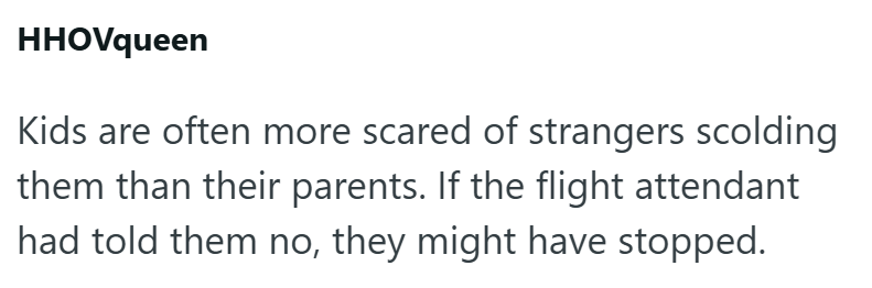HHOVqueen Kids are often more scared of strangers scolding them than their parents. If the flight attendant had told them no, they might have stopped.