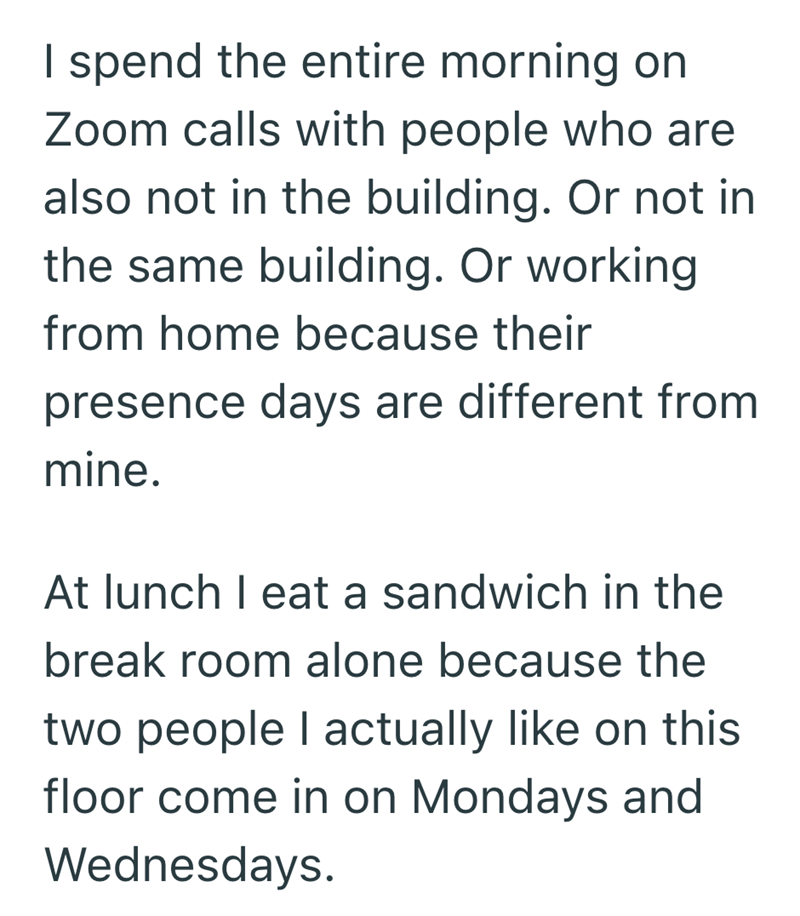I spend the entire morning on Zoom calls with people who are also not in the building. Or not in the same building. Or working from home because their presence days are different from mine. At lunch I eat a sandwich in the break room alone because the two people I actually like on this floor come in on Mondays and Wednesdays.
