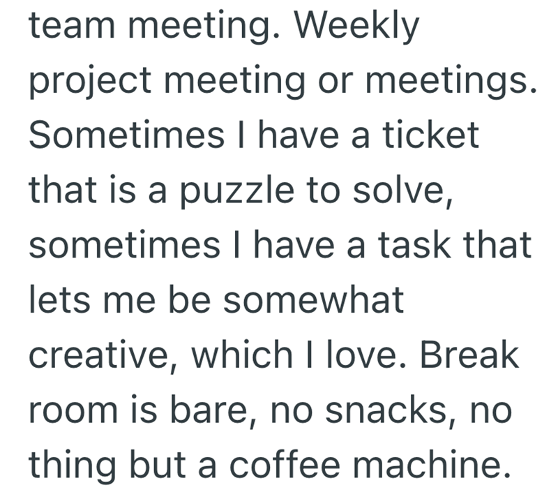 team meeting. Weekly project meeting or meetings. Sometimes I have a ticket that is a puzzle to solve, sometimes I have a task that lets me be somewhat creative, which I love. Break room is bare, no snacks, no thing but a coffee machine.