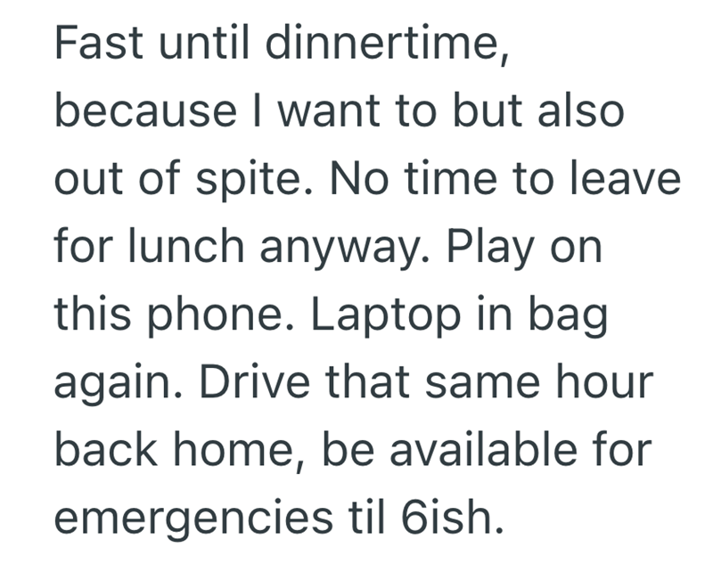 Fast until dinnertime, because I want to but also out of spite. No time to leave for lunch anyway. Play on this phone. Laptop in bag again. Drive that same hour back home, be available for emergencies til 6ish.