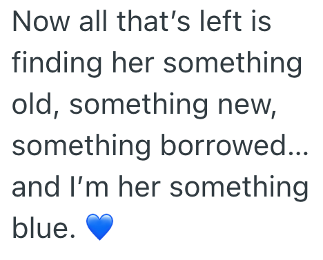 Now all that's left is finding her something old, something new, something borrowed... and I'm her something blue.
