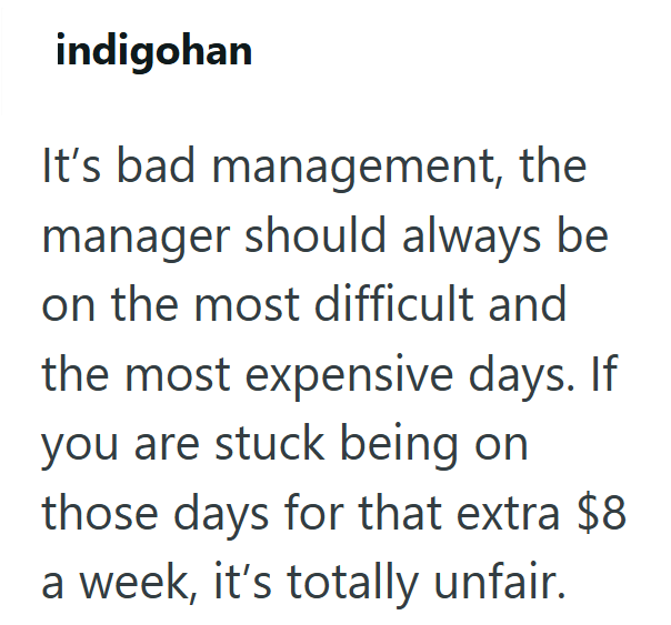 indigohan It's bad management, the manager should always be on the most difficult and the most expensive days. If you are stuck being on those days for that extra $8 a week, it's totally unfair.