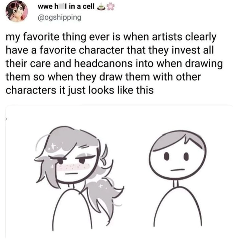 wwe h I in a cell @ogshipping my favorite thing ever is when artists clearly have a favorite character that they invest all their care and headcanons into when drawing them so when they draw them with other characters it just looks like this こ