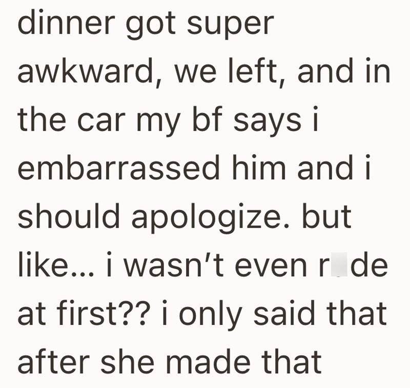 dinner got super awkward, we left, and in the car my bf says i embarrassed him and i should apologize. but like... i wasn't even r de at first?? i only said that after she made that