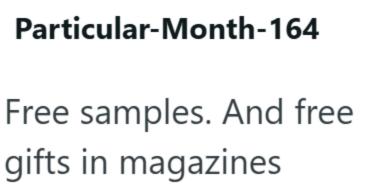 Particular-Month-164 Free samples. And free gifts in magazines