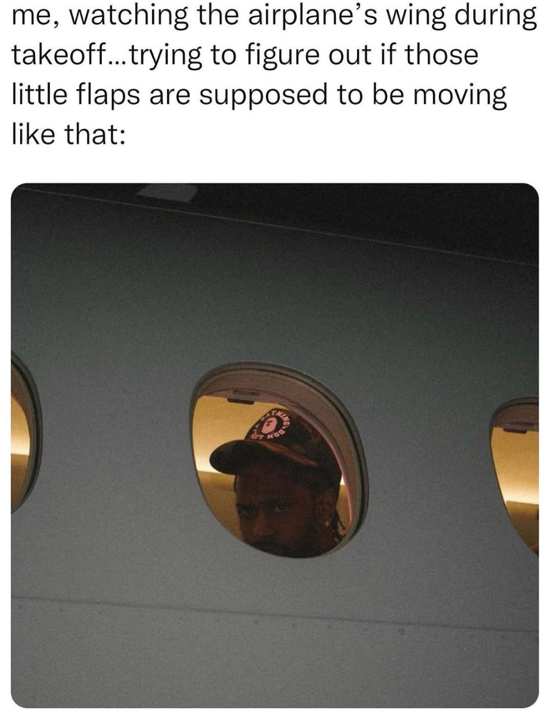 me, watching the airplane's wing during takeoff...trying to figure out if those little flaps are supposed to be moving like that: THE NOO