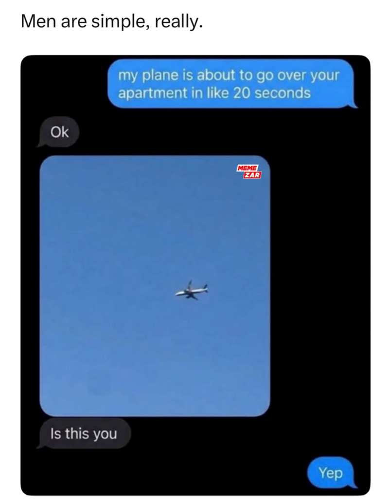 Men are simple, really. my plane is about to go over your apartment in like 20 seconds Ok MEME ZAR Is this you Yep