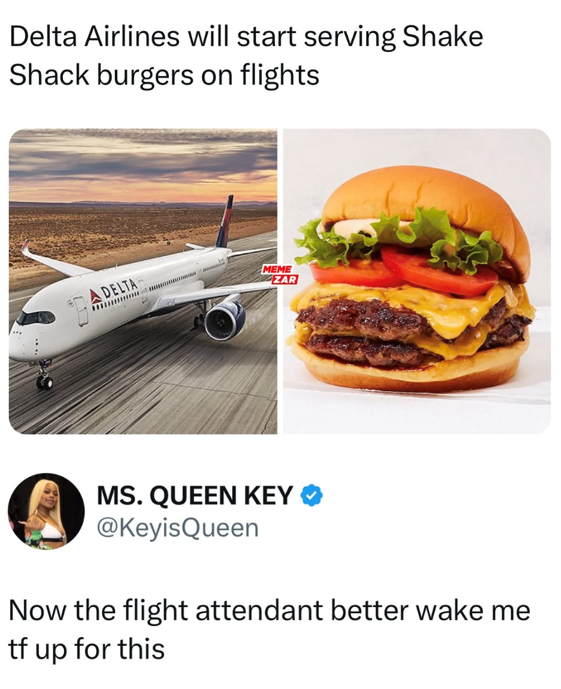 Delta Airlines will start serving Shake Shack burgers on flights ADELTA wwwwwwww MEME ZAR MS. QUEEN KEY ✪ @KeyisQueen Now the flight attendant better wake me tf up for this