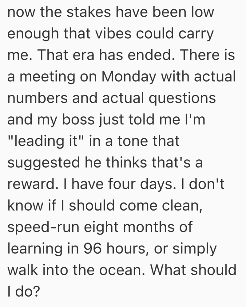 now the stakes have been low enough that vibes could carry me. That era has ended. There is a meeting on Monday with actual numbers and actual questions and my boss just told me I'm "leading it" in a tone that suggested he thinks that's a reward. I have four days. I don't know if I should come clean, speed-run eight months of learning in 96 hours, or simply walk into the ocean. What should I do?