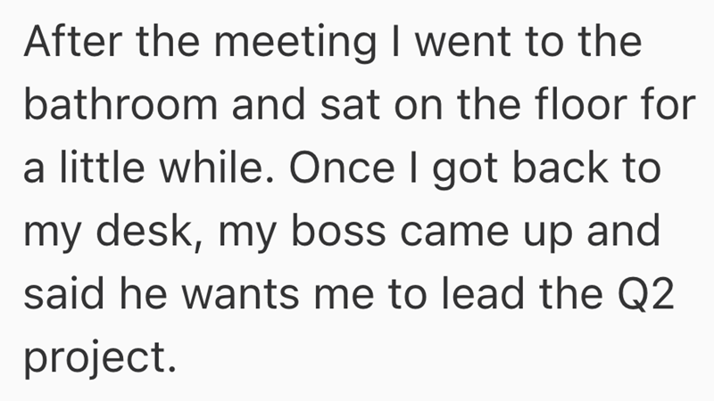 After the meeting I went to the bathroom and sat on the floor for a little while. Once I got back to my desk, my boss came up and said he wants me to lead the Q2 project.