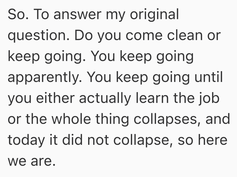 So. To answer my original question. Do you come clean or keep going. You keep going apparently. You keep going until you either actually learn the job or the whole thing collapses, and today it did not collapse, so here we are.