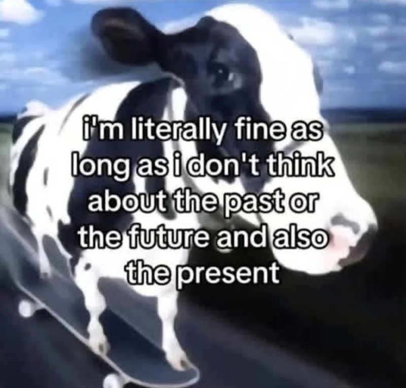 i'm literally fine as long as i don't think about the past or the future and also the present