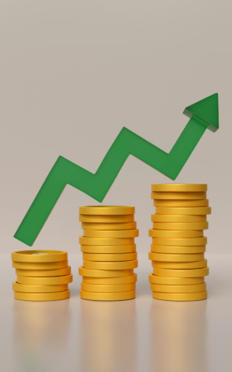 A stack of gold coins going up with a green arrow.