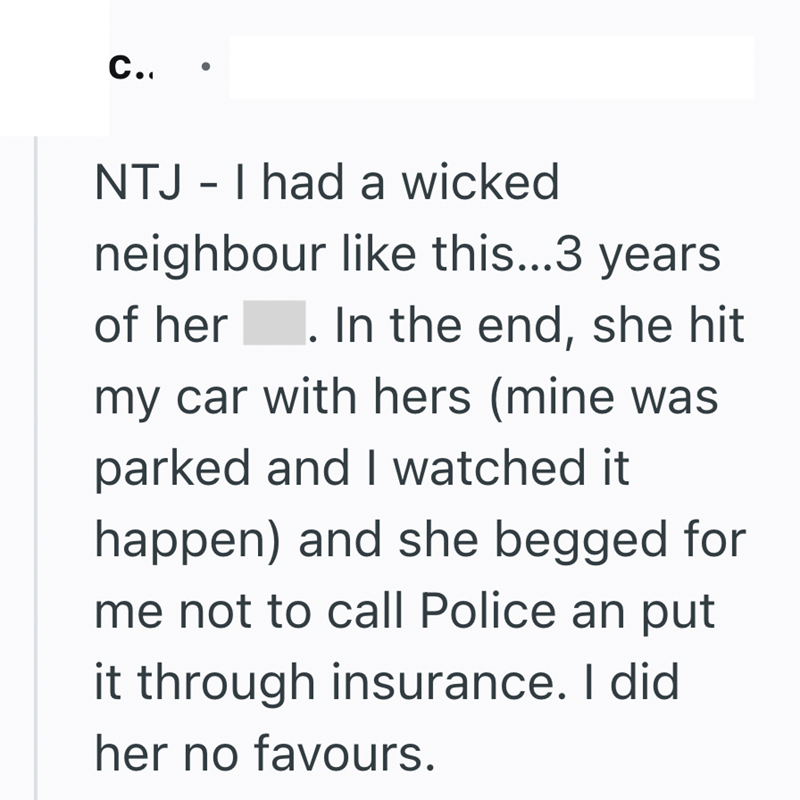 C.. NTJ - I had a wicked neighbour like this...3 years of her . In the end, she hit my car with hers (mine was parked and I watched it happen) and she begged for me not to call Police an put it through insurance. I did her no favours.