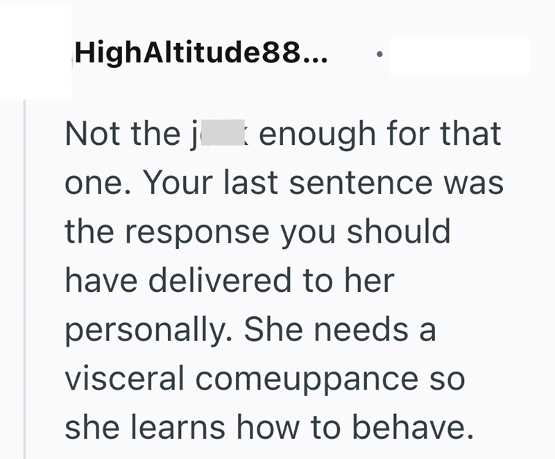 HighAltitude88... Not the j enough for that one. Your last sentence was the response you should have delivered to her personally. She needs a visceral comeuppance so she learns how to behave.