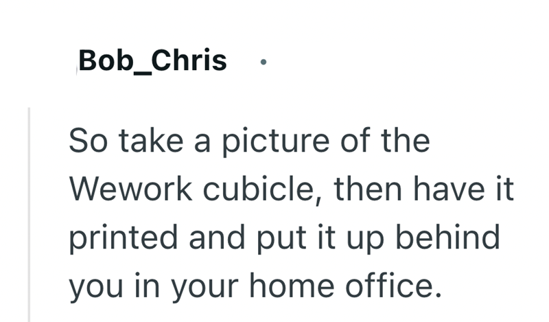 Bob_Chris So take a picture of the Wework cubicle, then have it printed and put it up behind you in your home office.