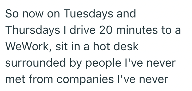So now on Tuesdays and Thursdays I drive 20 minutes to a WeWork, sit in a hot desk surrounded by people I've never met from companies I've never